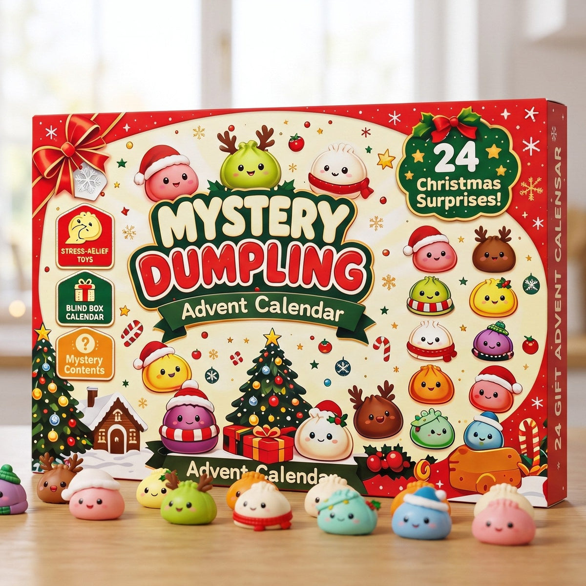 Dumpling-Adventskalender mit Dumpling-Figuren vor der Box