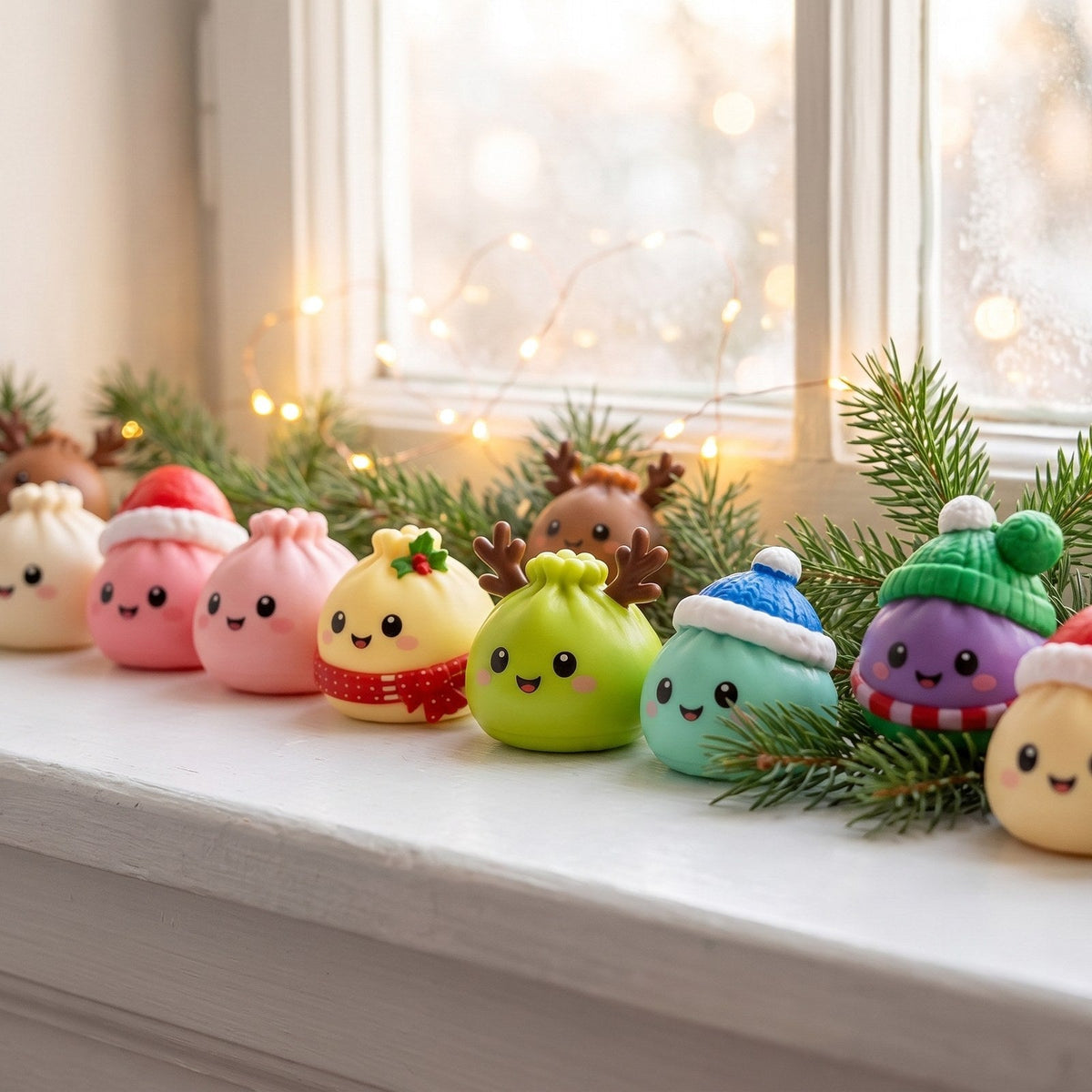Dumpling-Figuren aufgereiht auf einer Fensterbank
