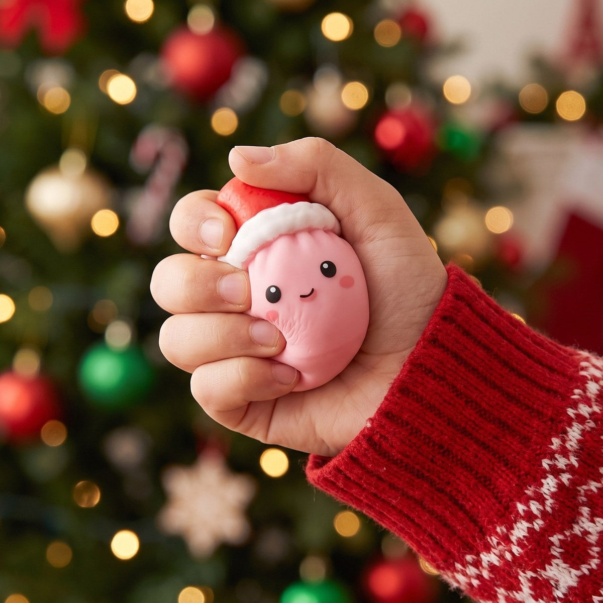 Hand drückt eine rosa Dumpling-Figur mit Weihnachtsmütze