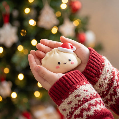 Dumpling-Figur mit Weihnachtsmütze in zwei Händen