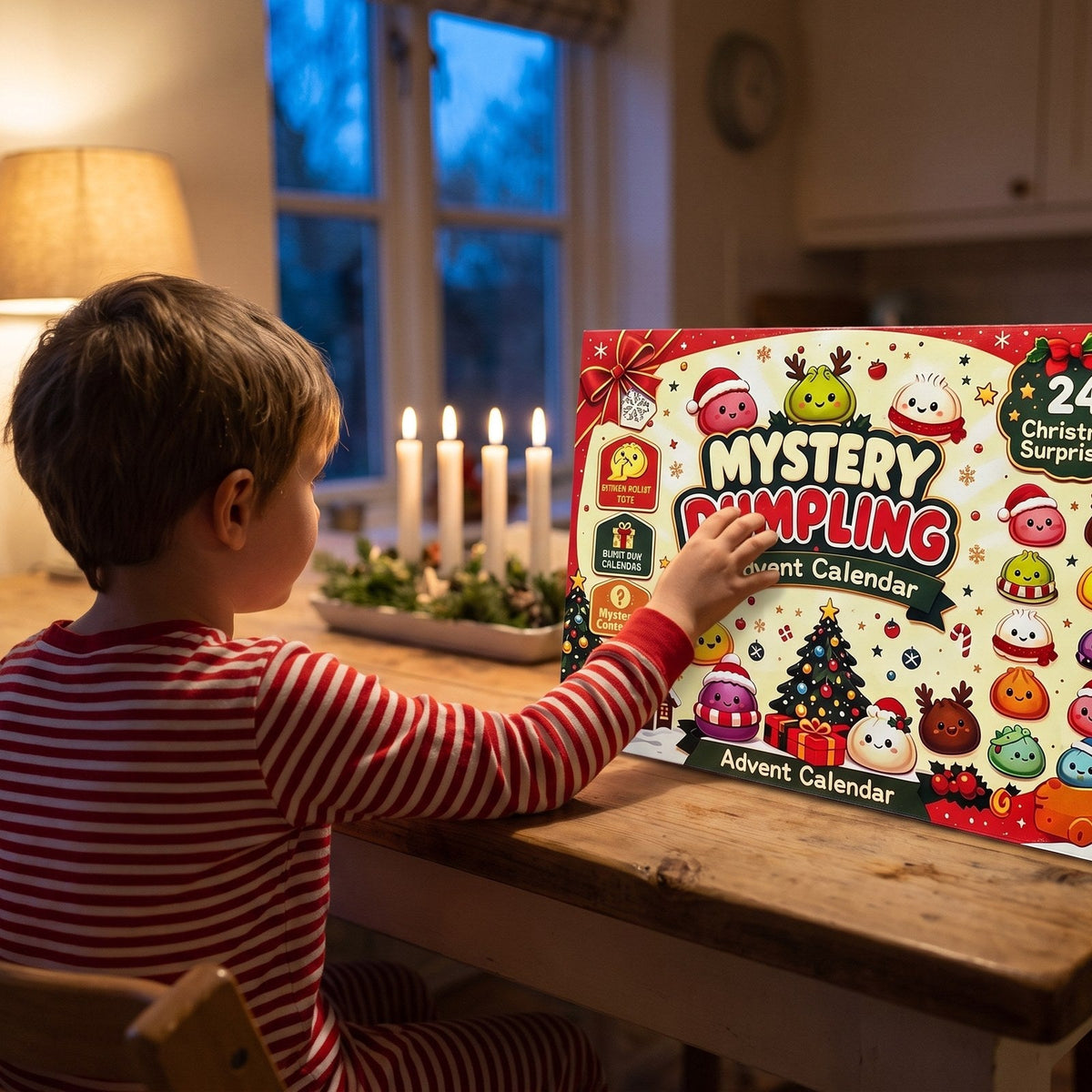 Kind öffnet morgens ein Türchen des Dumpling-Adventskalenders