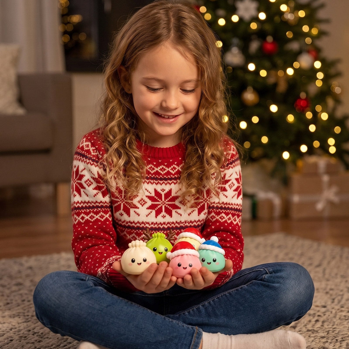 Mädchen hält drei Dumpling-Figuren vor dem Weihnachtsbaum
