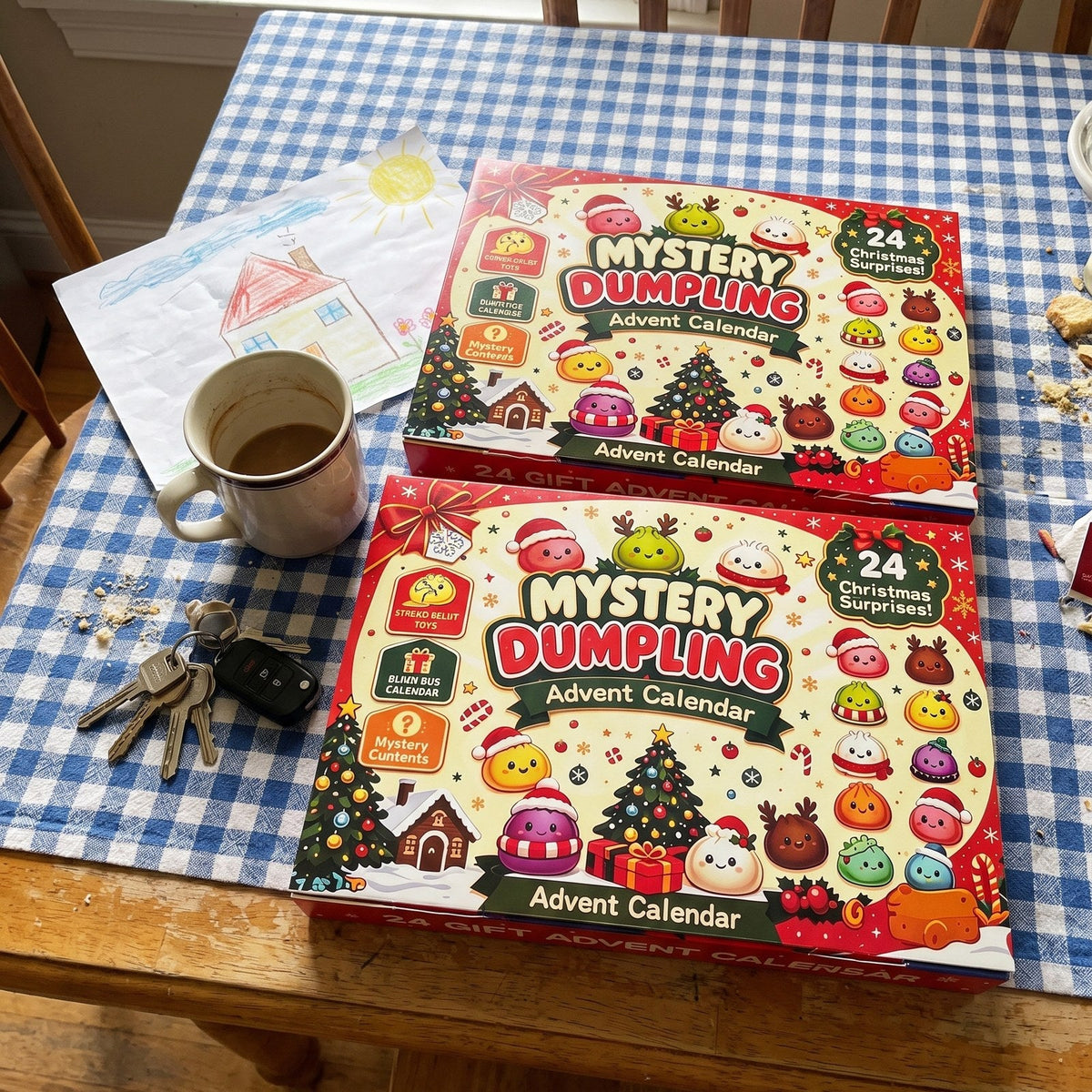 Zwei Dumpling-Adventskalender auf einem karierten Küchentisch