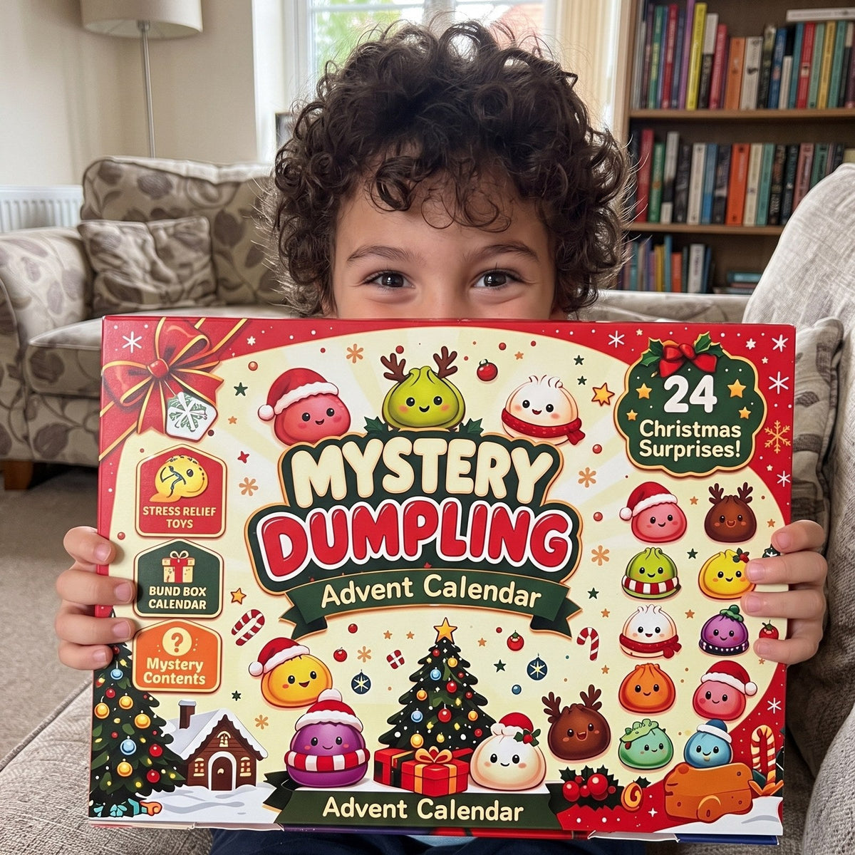 Junge hält den Dumpling-Adventskalender vor sich